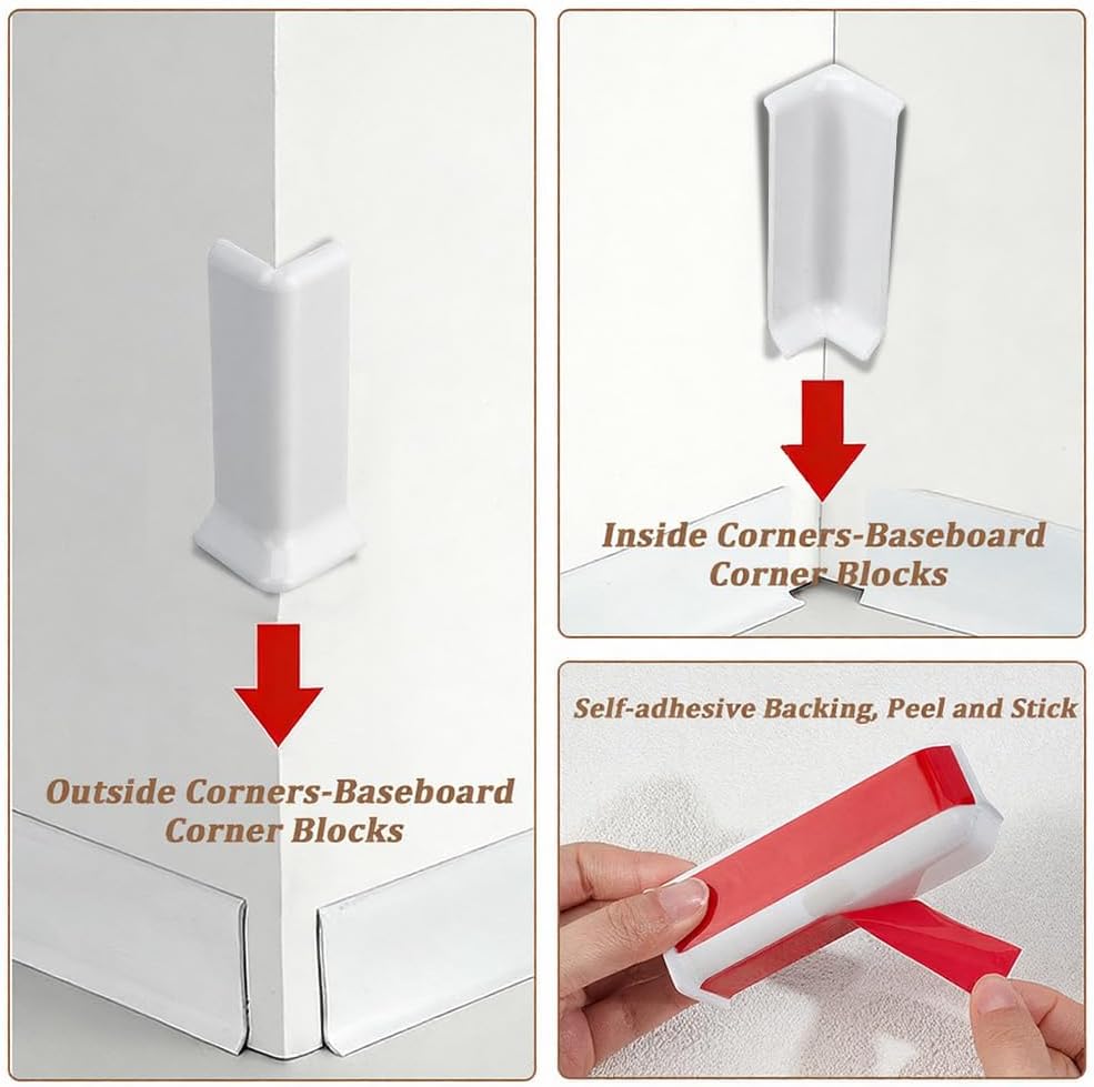 CRASPIRE White Baseboard Corners Wall Corner Block 4inch Height 3 Inside + 3 Outside Self Adhesive ABS Plastic Edge Decor Connector Protector Blocks for Between Wall Cove Base Moulding Trim Cover