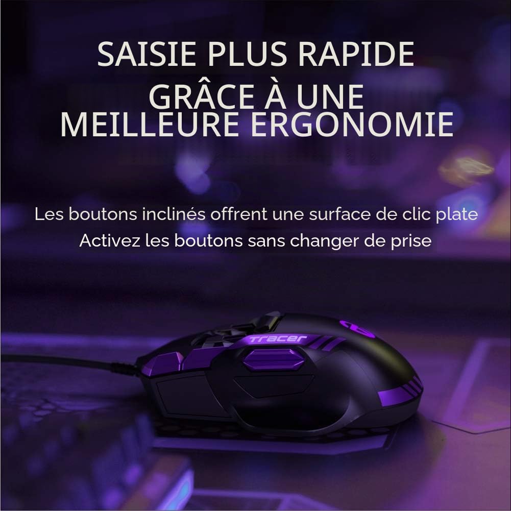 Swiftpoint Tracer Souris de Jeu Filaire : 13 Boutons programmables, 2 capteurs de Pression, Boutons latéraux, 12000 DPI, commutateurs mécaniques, mémoire intégrée, 16 profils de Jeu, RVB, Violet/Noir