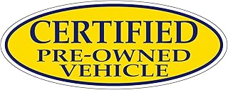 Certified Pre Owned Vehicle Oval Window Sticker for Car Dealerships – 14" × 5-1/2" Dark Blue on Yellow – Durable Vinyl Car Stickers, Reusable Windshield Decals & Auto Lot Signage - Pack of 24