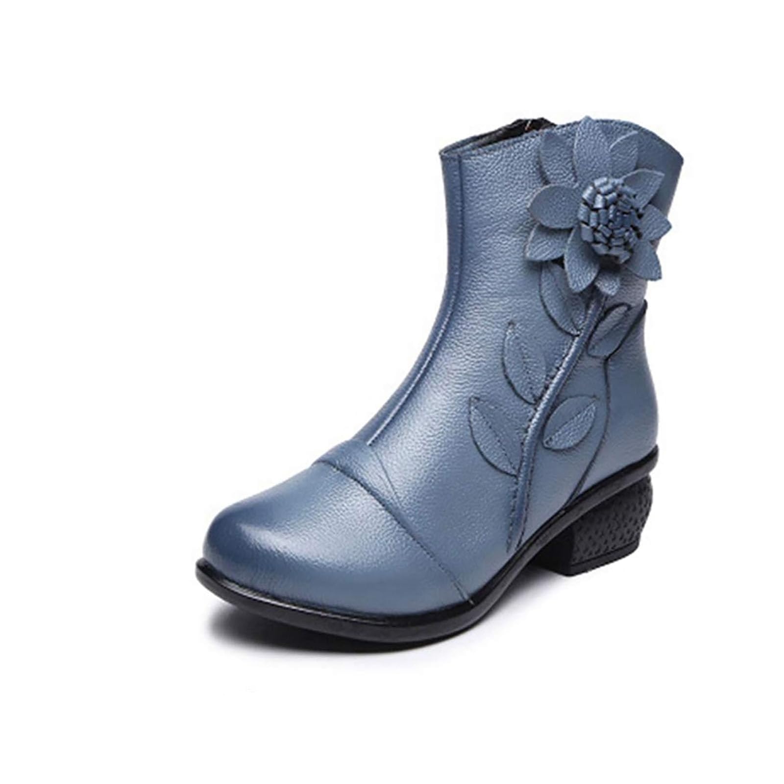 SOCOFY Womens Ankle Boots Leather Mid Calf Cowgirl Western Boots Bohemian Flower Block Heels Winter Fur Lined Warm