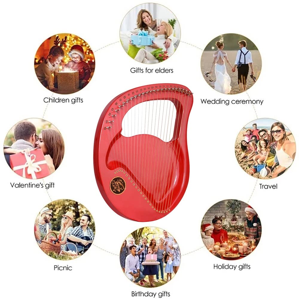 24 Saiten Mahagoni Massivholz Metallsaiten Musikinstrument für Erwachsene und Kinder, mit Stimmschlüssel, Notenblatt, Geschenk für Musikanfänger, Kinder und Erwachsene