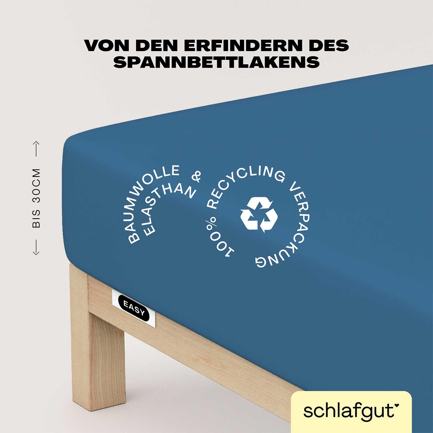 Schlafgut Easy Jersey Elasthan Spannbettlaken 140x200 bis 160x220 Blue Mid, Spannbetttuch aus superweicher Baumwolle mit Elasthan | Bettlaken, Spannbetttuch 160x200, 160x220 cm, Blau, Baumwolle Elasthan, bis 35 cm Steg, OEKO-TEX, bügelfrei