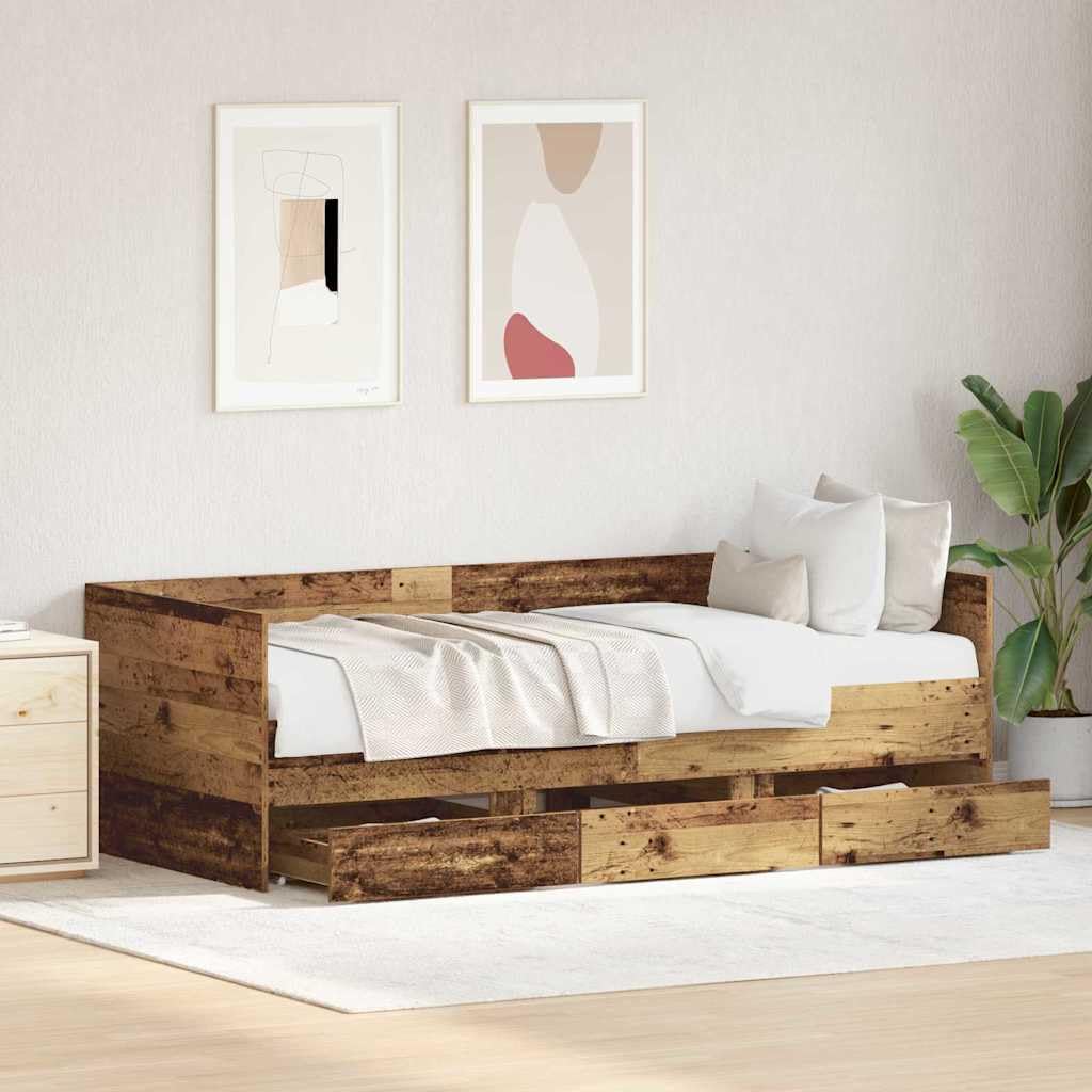 Z dużą przestrzenią do przechowywania nowoczesny minimalizm 90 x 200 cm | Łóżko dzienne Stare drewno 90x200 cm z szufladami pojemnikiem drewnopochodne klasyczne