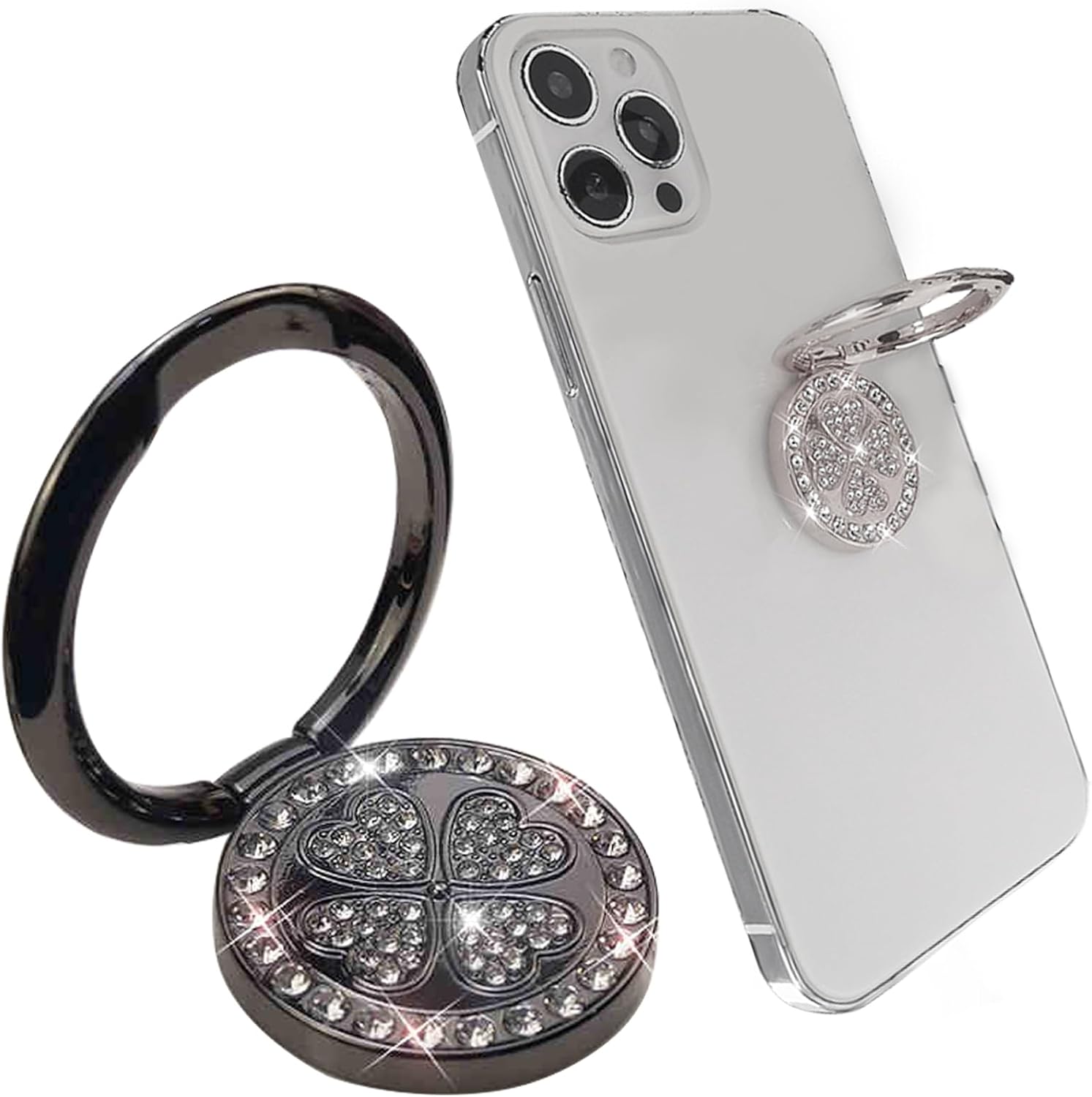 2 Pack Phone Grip Holder Adhesive, 4-Leaf Clover with Bling Diamond Thin Smartphone Finger Grips Loop Handle Stand for the Back of iPhone - Black White
