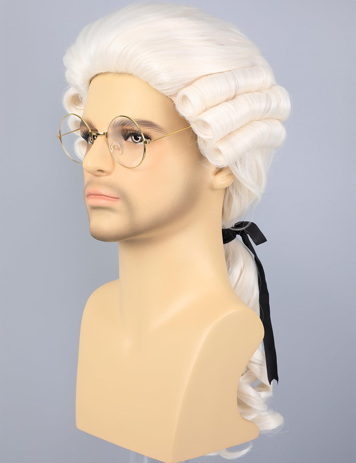 morvally Mens Colonial Judge Wig and Glasses 18th Century Costume White Powered Hair Wig for Men Halloween Costume Cosplay (Beige)