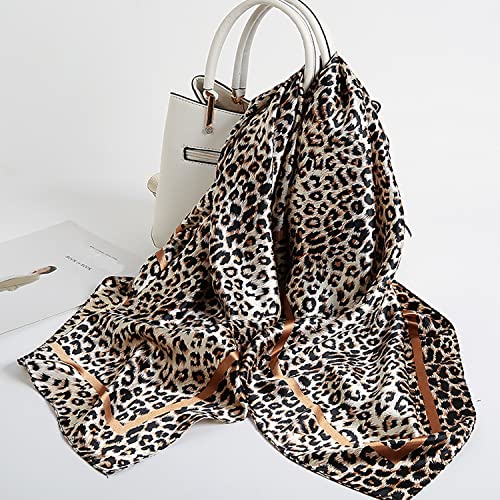 Woogwin 2 Pack 35" Satin Silk Like Hair Scarf Bandana Light Head Wraps Neck Face Scarves Cover For Women (2Pcs Leopard Coffee) #TOP2