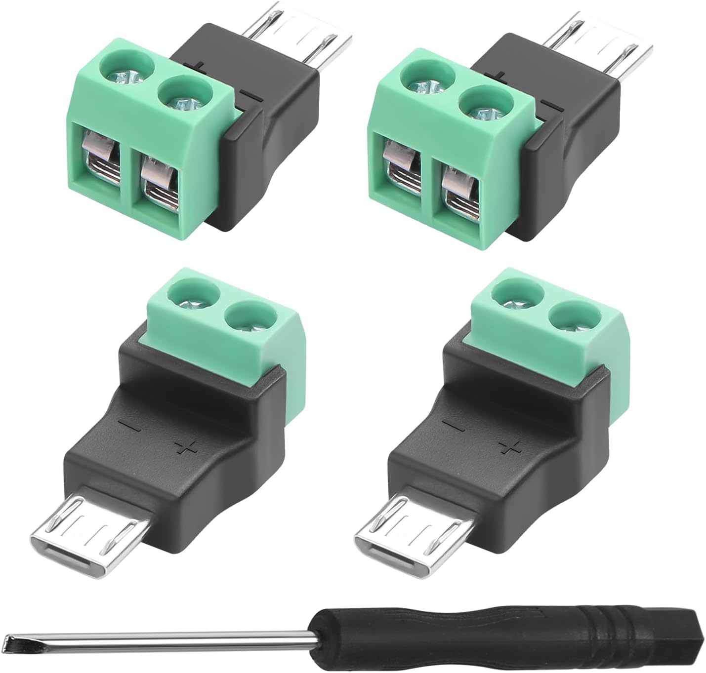 QIANRENON Micro USB 2Pin Solderless Charging Connector Micro u-s-b Male to 2Pin Crimp Adapter 5V 3A MicroUSB 2.0 Screw Terminal Solderless Plug, Can't Data Transfer, for DIY Repair Micro-USB, 4Pcs