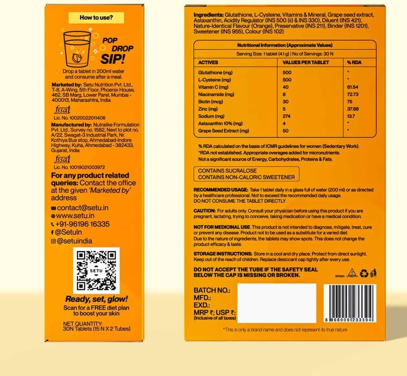 SETU Skin Renew, Glutathione with Vitamin C, Gluta Fizz, Supports Detoxification, Sugar-Free, Orange Flavour, 30 Effervescent Tablets - Image 9