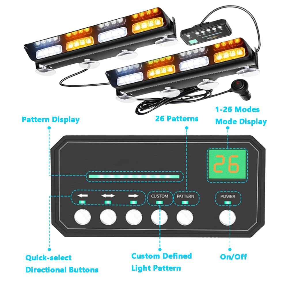 Riloer 1 par de luces estroboscópicas de emergencia de 12 V, luz estroboscópica de emergencia con ventosa, chip LED+ABS color blanco y amarillo