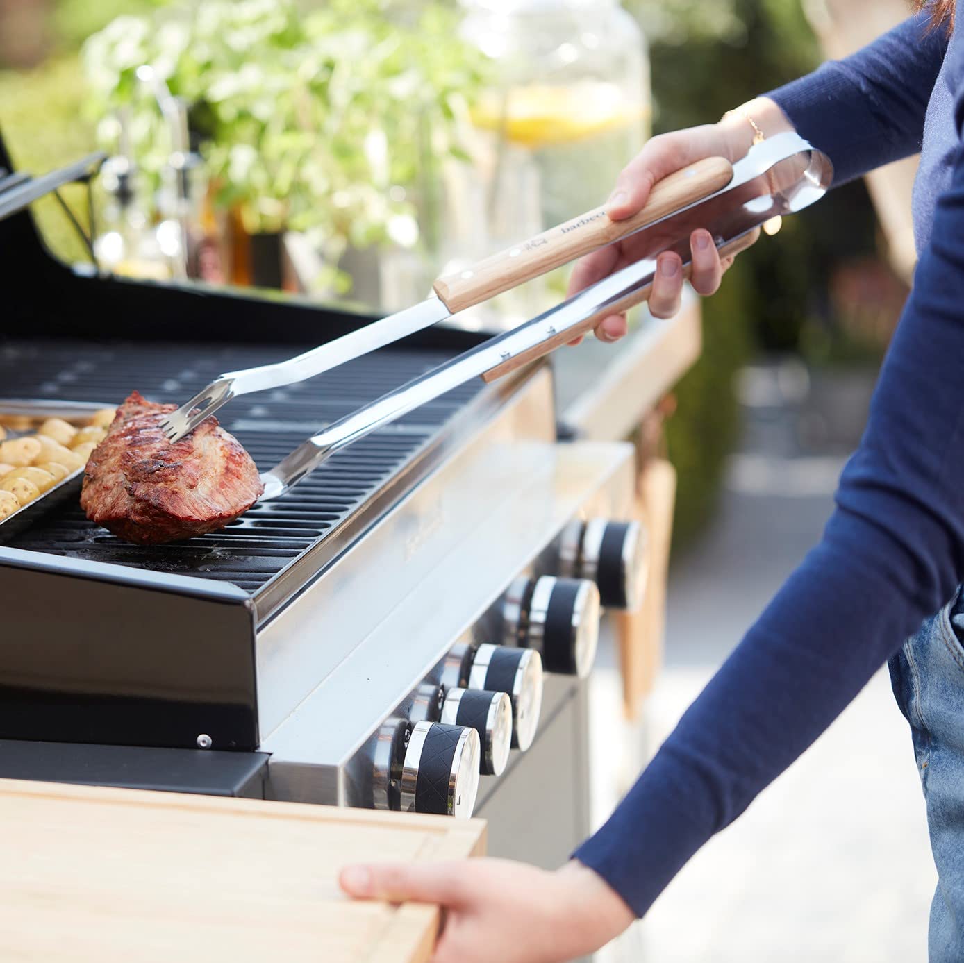 Barbecook Kit Ustensiles Barbecue Acier Inoxydable Manche Bois Bouleau Spatule Fourchette Pince