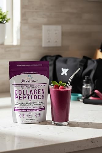 Miniatura 4 de FlexGlow+ - Péptidos de colágeno de amplio espectro (I, II, III, IV) - Ácido hialurónico, biotina y vitamina C - Soporte para el cabello, la piel y