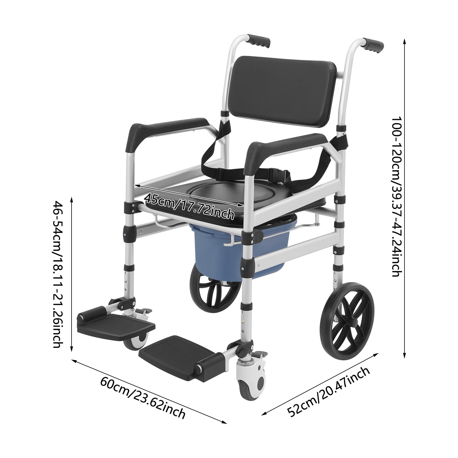 Sedia WC per anziani, pieghevole, stabile, con ruote e cintura di sicurezza, regolabile in altezza, capacità di carico 150 kg, per malati, anziani, disabili, incinte