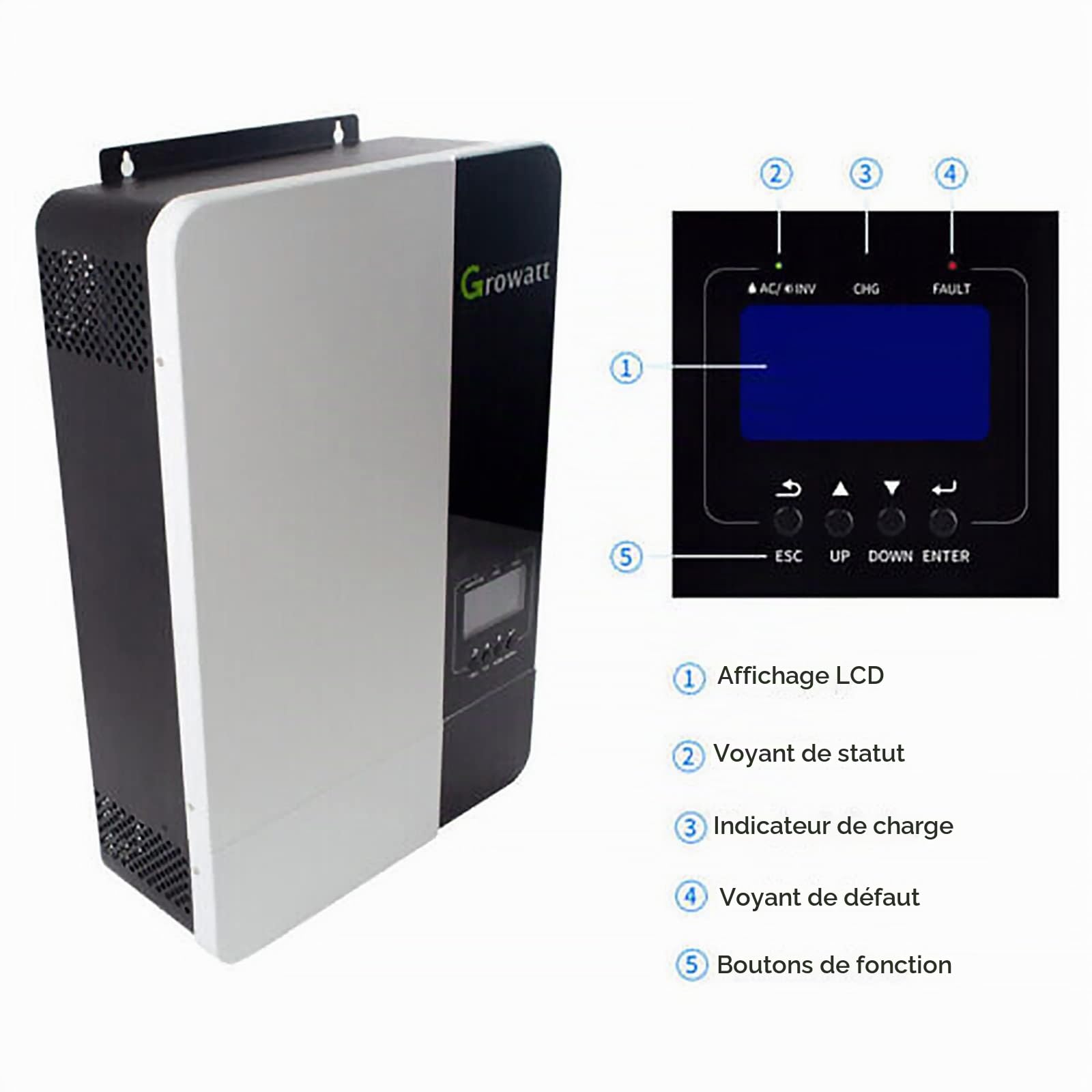 Growatt Onduleur solaire hybride SPF 5000 W – 48 V CC à 230 V AC, contrôleur de charge solaire MPPT intégré hors réseau et prend en charge 6 onduleurs en parallèle