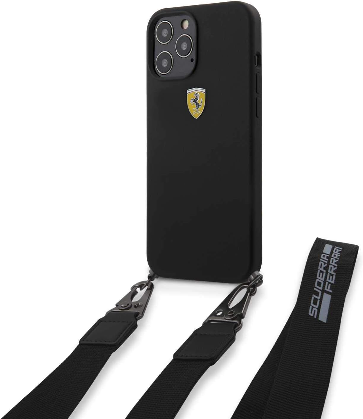 CG Mobile Ferrari On Track Liquid Silicone Hard Case with Removable Strap and Metal Logo Drop Protection Shock Absorption Cover Officially Licensed (iPhone 12/12 Pro, Black)