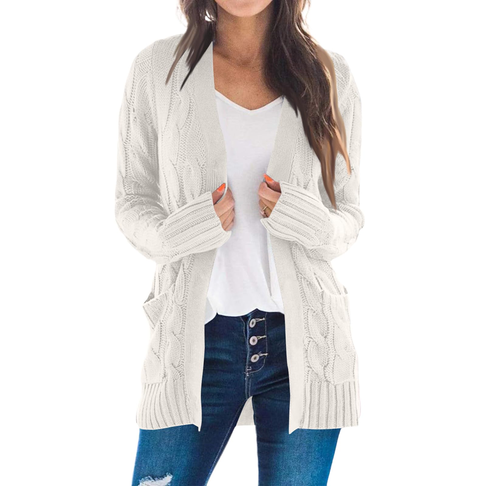 Cardigan Sweaters for Women Fall Long Sleeve Cable Knit Sweater Open Front Cardigans Button Loose Outwear Windbreaker