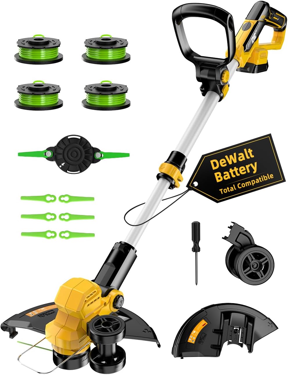 Cordless Weed Wacker, for Dewalt 20V Battery, 3 in 1 Battery Powered Weed Eater & Edger & Mower w/Auto Line Feed, 20000 RPM 12 Inch Electric Grass Trimmer, 6 Blades & 4 Spools String Trimmer for Lawn