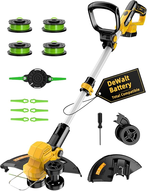 Cordless Weed Wacker, for Dewalt 20V Battery, 3 in 1 Battery Powered Weed Eater & Edger & Mower w/Auto Line Feed, 20000 RPM 12 Inch Electric Grass Trimmer, 6 Blades & 4 Spools String Trimmer for Lawn
