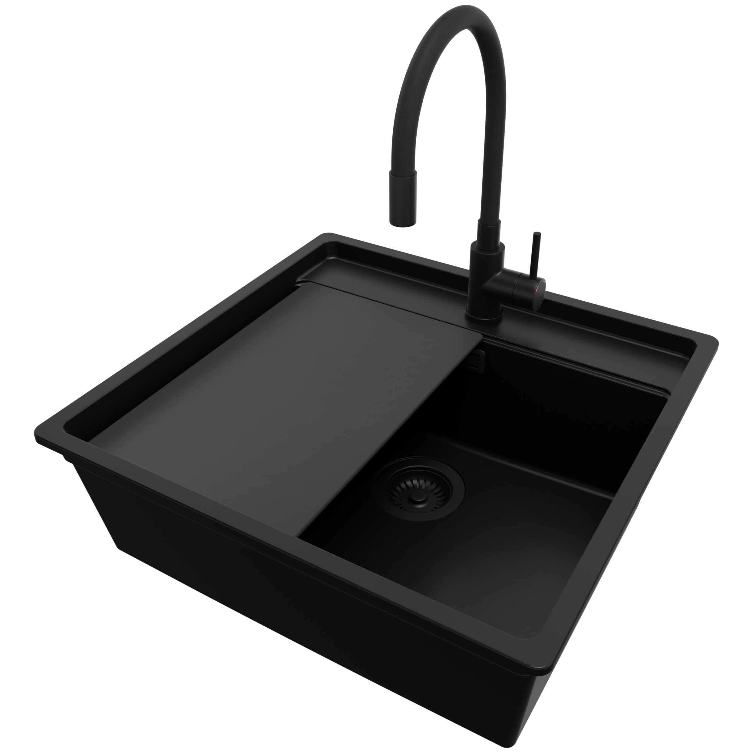 PRIMAGRAN Fregadero Granito Todo Negro - Bergen Low Cut Top Slim, 56x53cm | Cocina 1 Seno + Grifo 38x14cm + Zuberhor-Set, sobre Encimera al Mueble 60cm (S220)