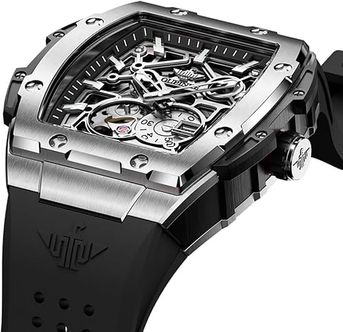 Miniatura 9 de OUPINKE Reloj para hombre, cuerda automática, de lujo, esqueleto, mecánico, vestido de negocios, cuadrado, relojes de pulsera con calendario,