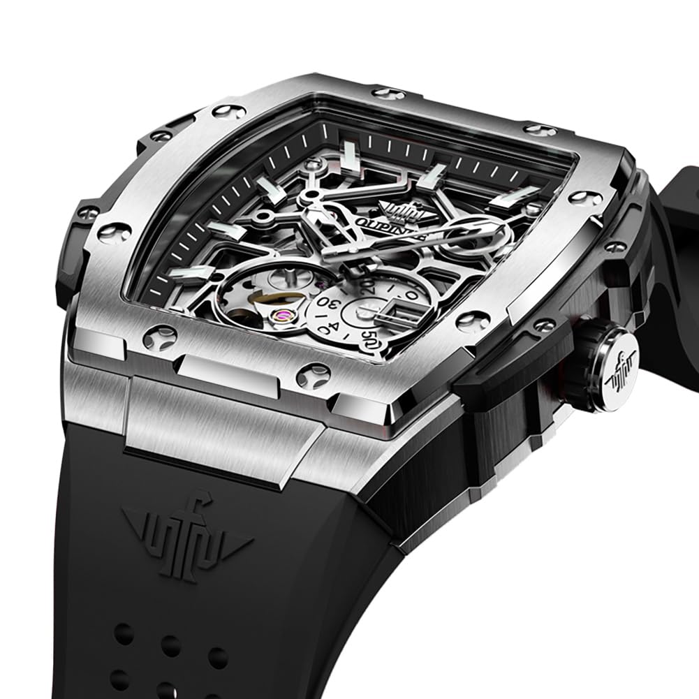 OUPINKE Watch Men Self Winding Luxury Skeleton Mechanical Business Dress Square Wrist Watches Calendar Black Watches