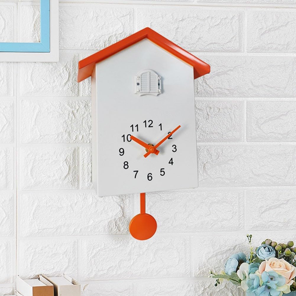 Orologio a cucù, regolabile, segnale acustico da parete, stile chalet, moderno, decorazione da parete per casa, soggiorno, cucina, ufficio, (bianco + arancione)