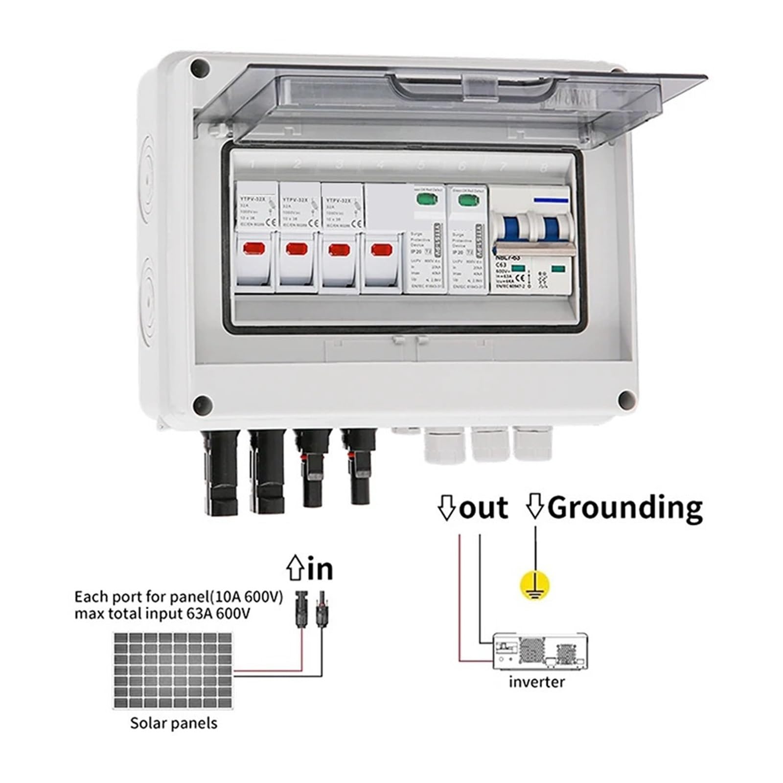 Caja combinadora solar fotovoltaica con protección contra rayos, 2 entradas, 1 salida, fusible DC 600V, MCB SPD, caja impermeable IP65