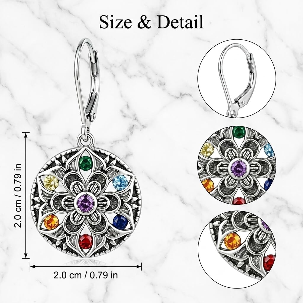DAYLINLOVE 7 Chakra Ohrringe 925 Sterling Silber Mandal Lotus/Blume des Lebens Abalone Muschel Hänge Ohrringe Chakra Schmuck Geschenk für Damen Frauen Mädchen