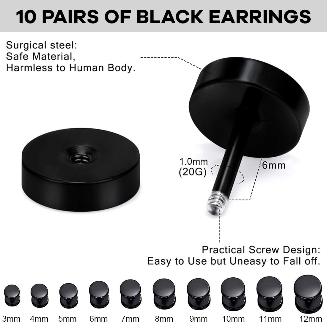 Jeyorzy Set di 10 paia di orecchini neri, acciaio inox, ipoallergenico, cerchio, finto plug tunnel, 3-12 mm
