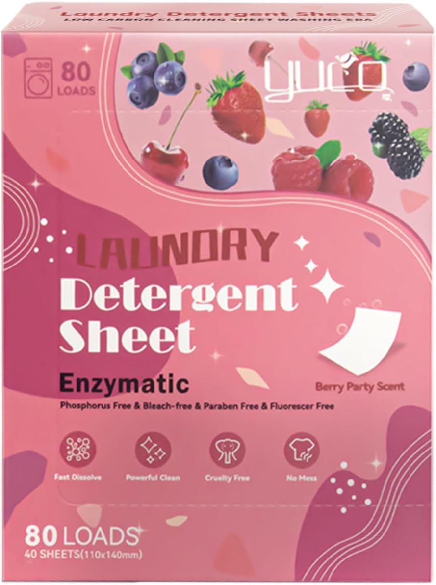 YCUO Eco Laundry Detergent Sheets – 80 Loads, Hypoallergenic Dryer Sheets with Berry Odor, Travel Laundry Detergent for Camping Vacation Cruise Trip College Dorm