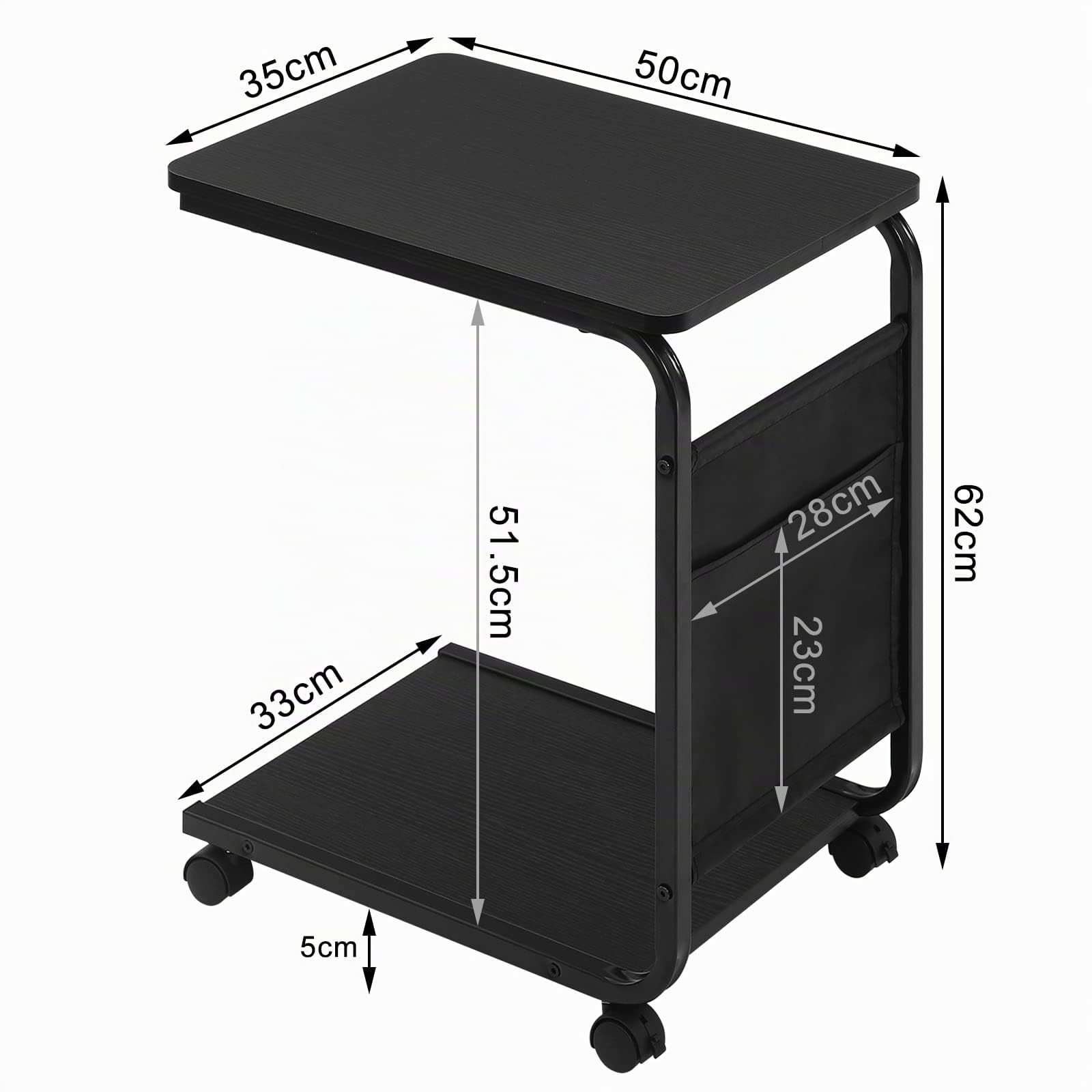 WOLTU Tavolino da caffè, Tavolo con 2 Ripiani e 1 Tasca Laterale, Tavolino Soggiorno a Forma di C, su Rotelle, per Divano Letto, in Legno Truciolare e Metallo, 50x35x62cm, Nero BTS04sz