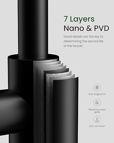 Vista 29 de APPASO Grifo de cocina cuadrado con filtro, grifos de fregadero de 3 vías negro mate con rociador extraíble, 2 modos, arco alto, moderno, 2 asas