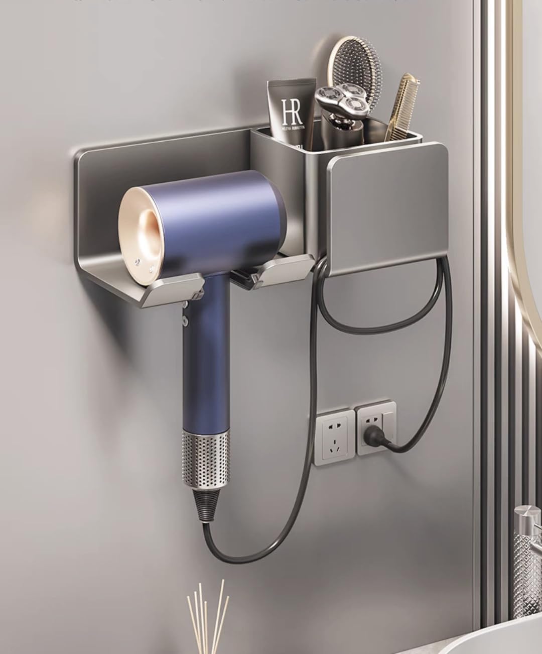Sakulaya Hair Dryer Holder Wall Mount Self Adhesive Blow Dryer Holder Multi-Functional Hair Dryer Rack Hair Dryer Organizer Bathroom Blow Dryer Stand Hair Dryer Holder with Caddy and Plug Hook Grey