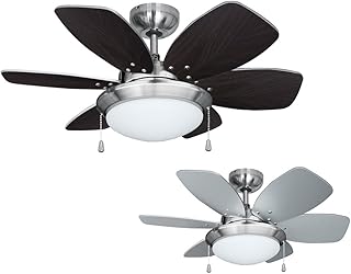 MiniSun Ventilateur de Plafond Moderne. 76 cm Fini en Nickel Avec 6 Pales Inversibles (1 cote effet bois, 1 cote argenté). Plafonnier Intégrée en Verre Givré