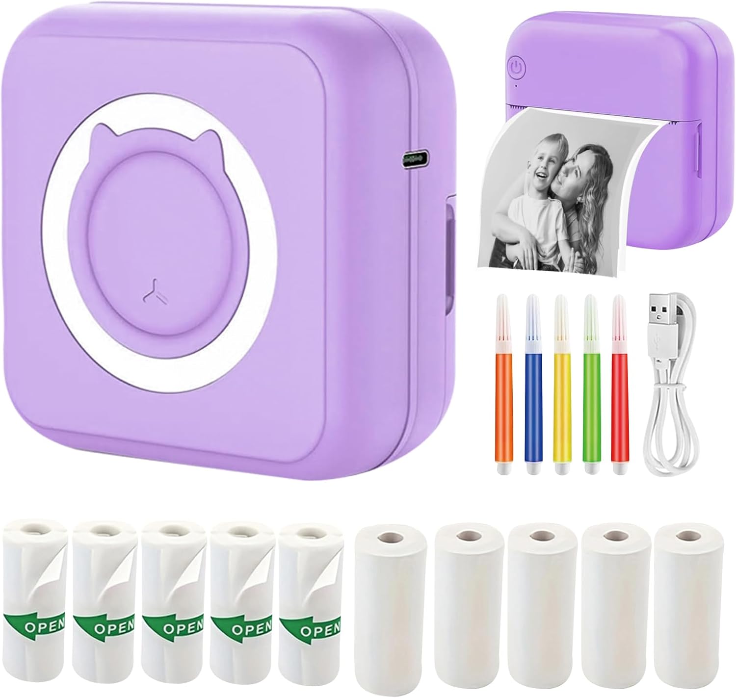 Mini Printer with 11 Rolls Sticker Paper, Portable Sticker Printer Efficiently and Quickly, Mini Thermal Printer for Study Notes, Pictures,Photos, DIY, Children’s Gift and Travel Label