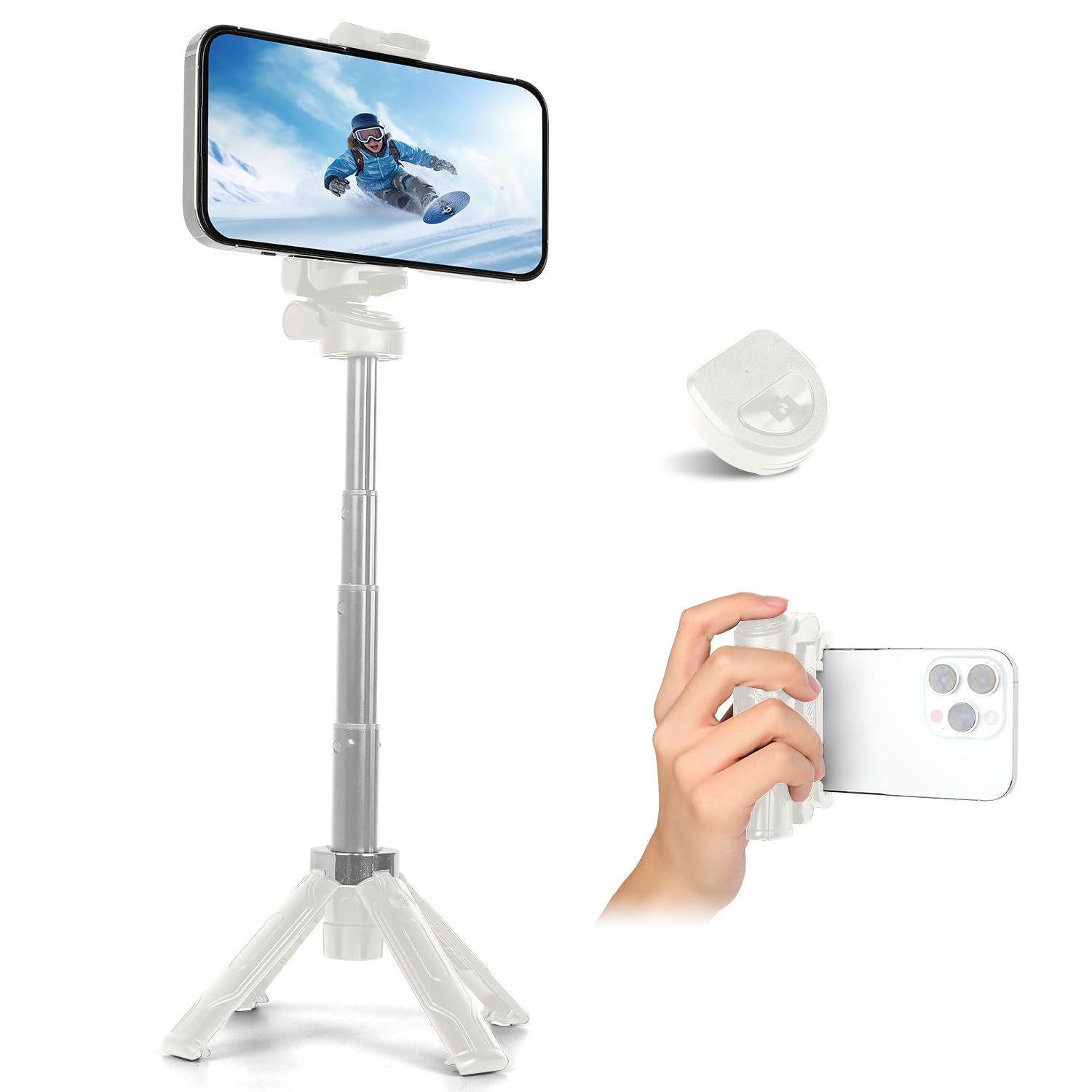 JC-25 Mini Selfie Stick Tripod, Floor-Standing Quadripod for Taking Photos, with Detachable Embedded Remote Control, 3-in-1 Travel Portable Pocket Tripod (White)