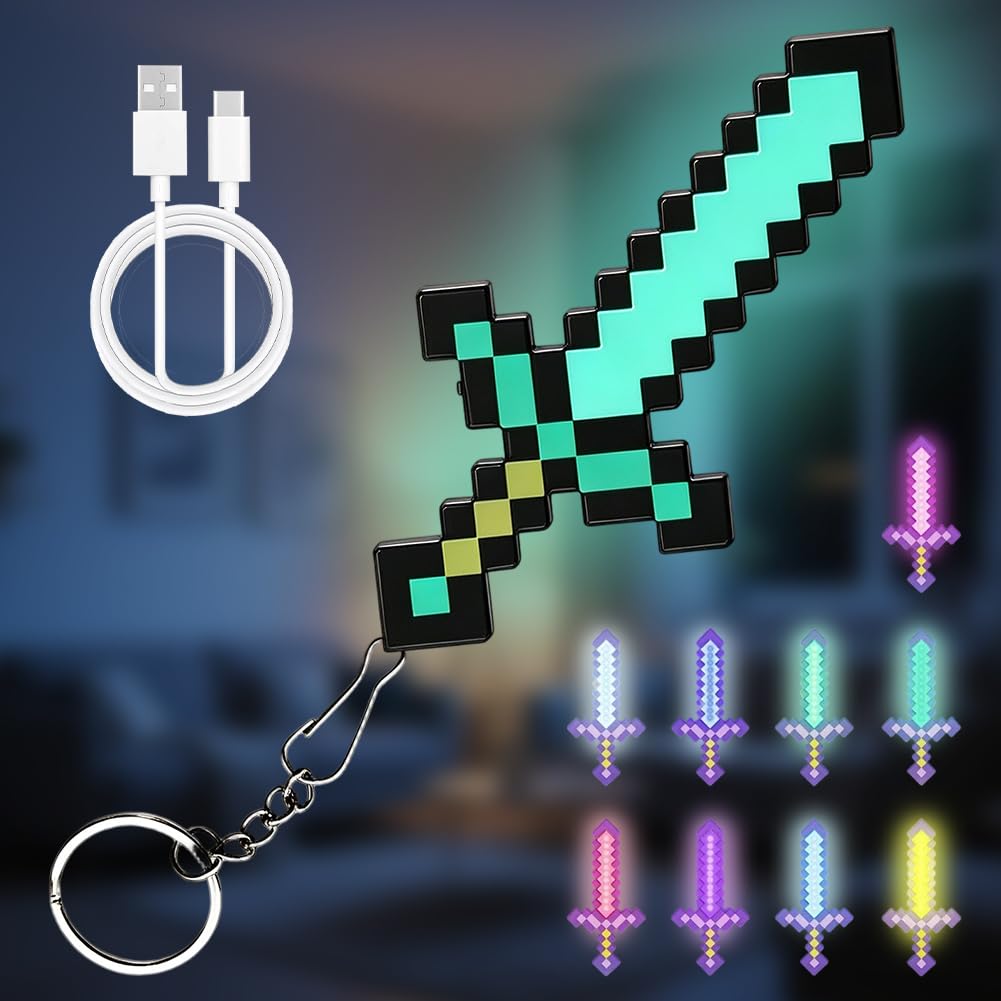 9 Colours Diamond Sword Key Fob Green, Miner Game Diamond Sword Light Key Ring Craft LED Pendant Portable Mini Lamp USB Rechargeable for Children Gifts, Room & Party Decoration