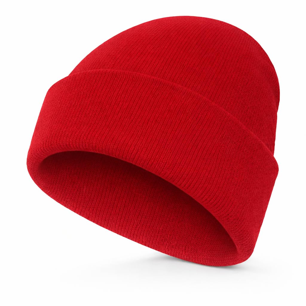Ws Uk Unisex Kids Red Kids Beanie Hat - Slouch Winter Woolly Turn Up Knitted (Red)