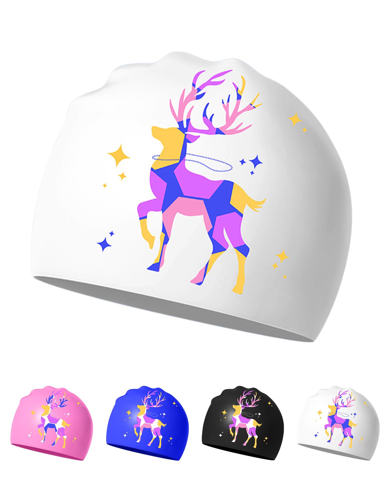 Swimming Cap for Women – Soft, Elastic, Anti-Slip, Stylish, Comfortable (White Deer)