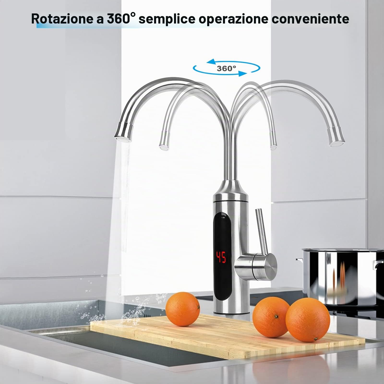 Rubinetto elettrico con scaldabagno istantaneo (230 V, display LCD, rotazione a 360°, con scaldabagno istantaneo per cucina)
