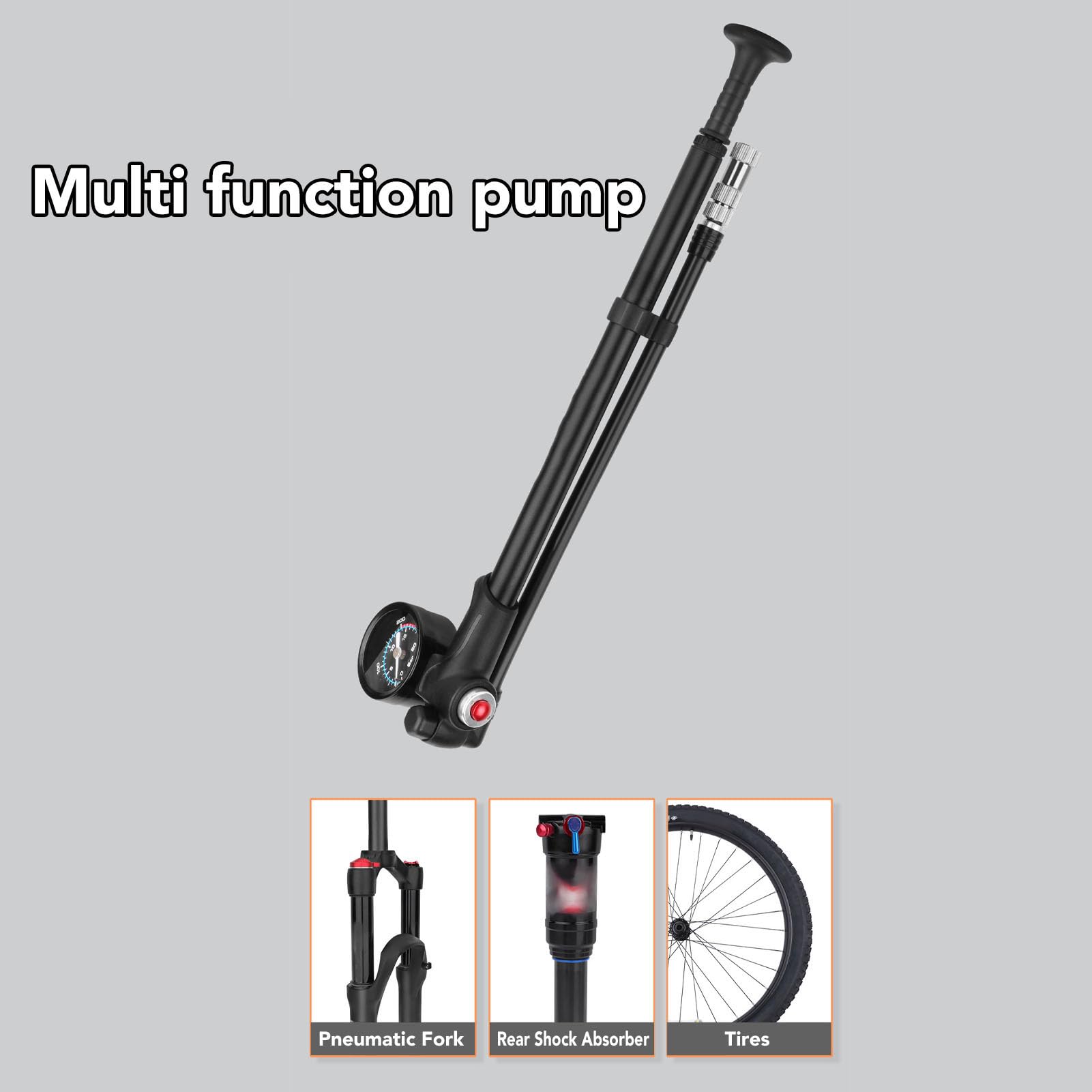 Fußpumpe, tragbare Fahrradpumpe aus Aluminiumlegierung, Fahrradreifenpumpe, Luftdruckmesser, pneumatische Stoßdämpfer, Vordergabeln für Fahrräder