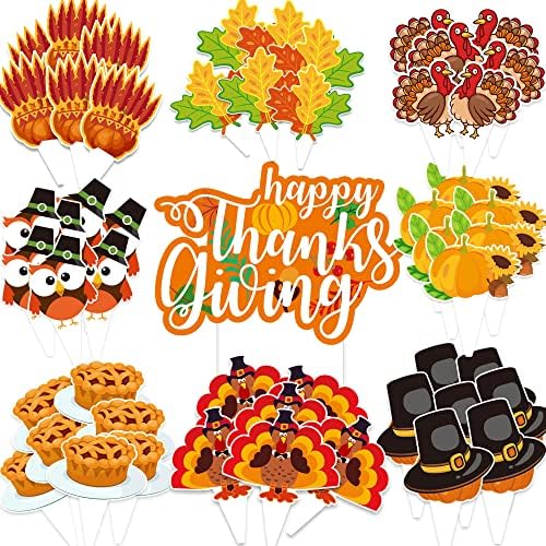 Thanksgiving Cupcake Toppers 73pcs Turkey Food Picks Pumpkin Pie Decoration Toppers for Thanksgiving Party Food Decoration
