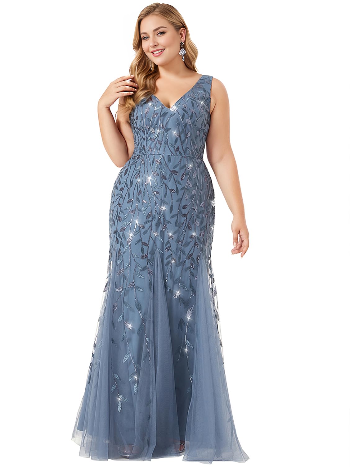 Ever-Pretty Plus Sequin Formal Dresses Sleeveless V Neck Mermaid Ball Gowns Plus Size Prom Dress