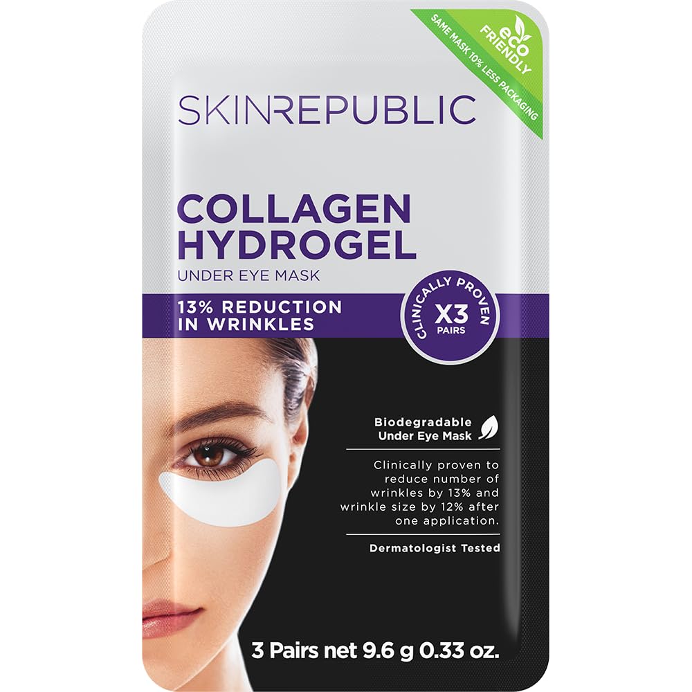 Skin Republic Collagen Hydrogel Under Eye Patches (3 Pairs) – Eye Mask with Green Tea & Aloe Vera, Reduces Wrinkles, Puffiness & Dark Circles, Hydrates, Repairs Skin & Protects from Free Radicals