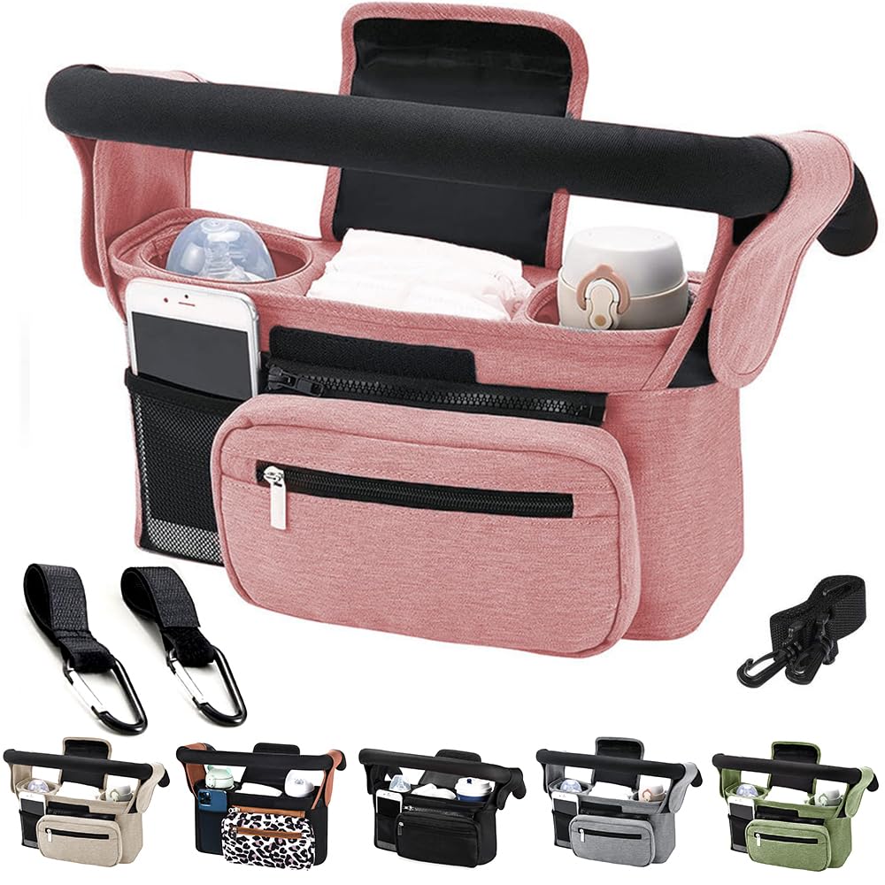 Baby Pram Bag Stroller,Universal Stroller Bag with 2 Insulated Cup Holder,Large Capacity Baby Bag Organiser,Buggy Organiser Bag with Shoulder Strap&Non-Slip Secure Hooks (Pink)-image-43