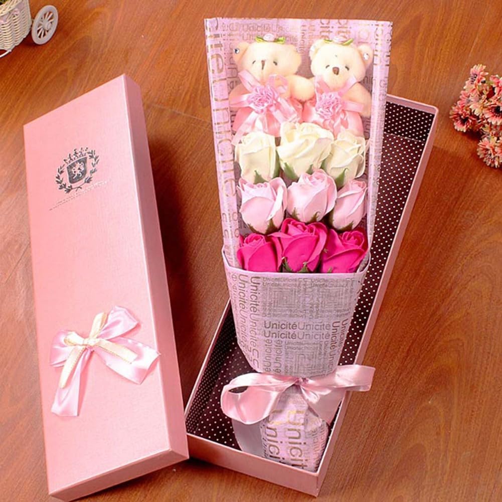 Lot de 9 bouquets de fleurs de savon en forme de rose avec ours pour la fête des femmes et la Saint-Valentin Arrangement floral parfumé pour la maison, le bureau ou la chambre à coucher