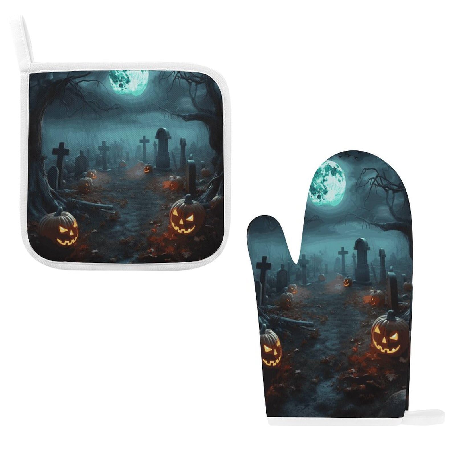 Btcowzrv Style Halloween Graveyard Pumpkins Oven Mitts And Pot Holders 2Pcs Set