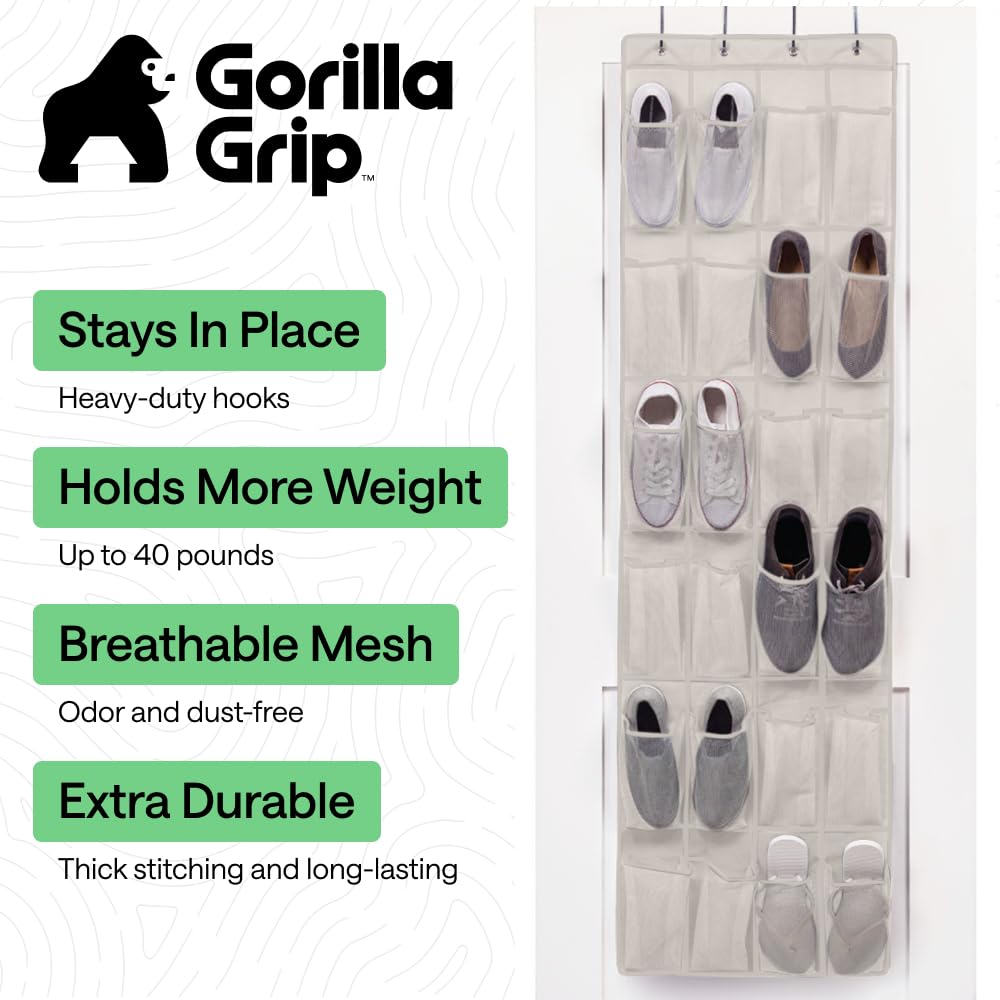 Gorilla Grip Organizer per scarpe sopra la porta, 24 grandi tasche in rete traspirante, salvaspazio, da appendere, per armadio, può contenere fino a 18 kg, si appende agli armadi per scarpe,