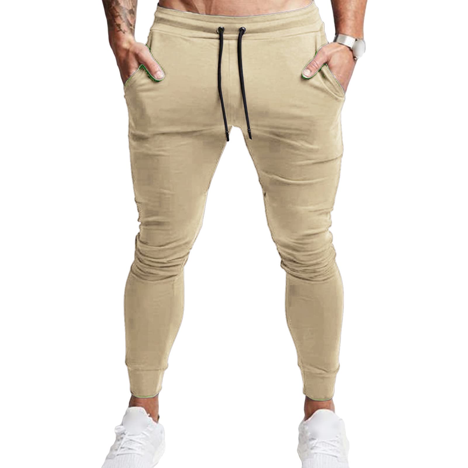 Maiyifu-GJ Men's Elastic Waist Tapered Jogger Casual Drawstring Workout Sweatpants Slim Fit Traning Running Track Pants (Khaki,XX-Large)