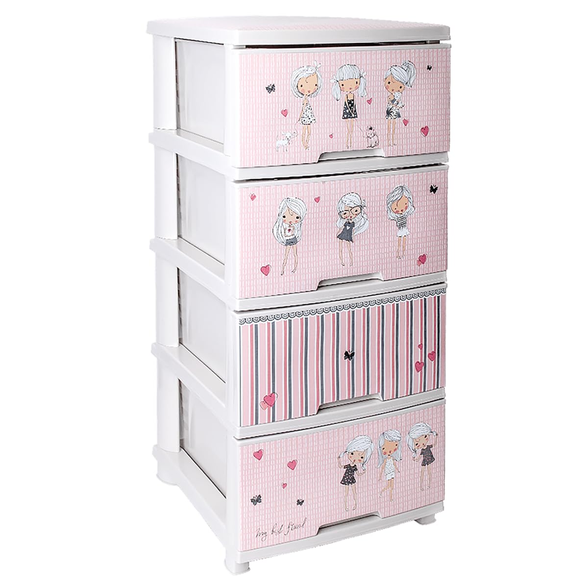 KMND Kommode mit 4 Schubladen Design Dekor | Kunststoff Aufbewahrungsschrank für Kinderzimmer Bad Küche | moderner Organizer Möbel pflegeleicht langlebig & vielseitig - Weiß-Rosa, Mädchen