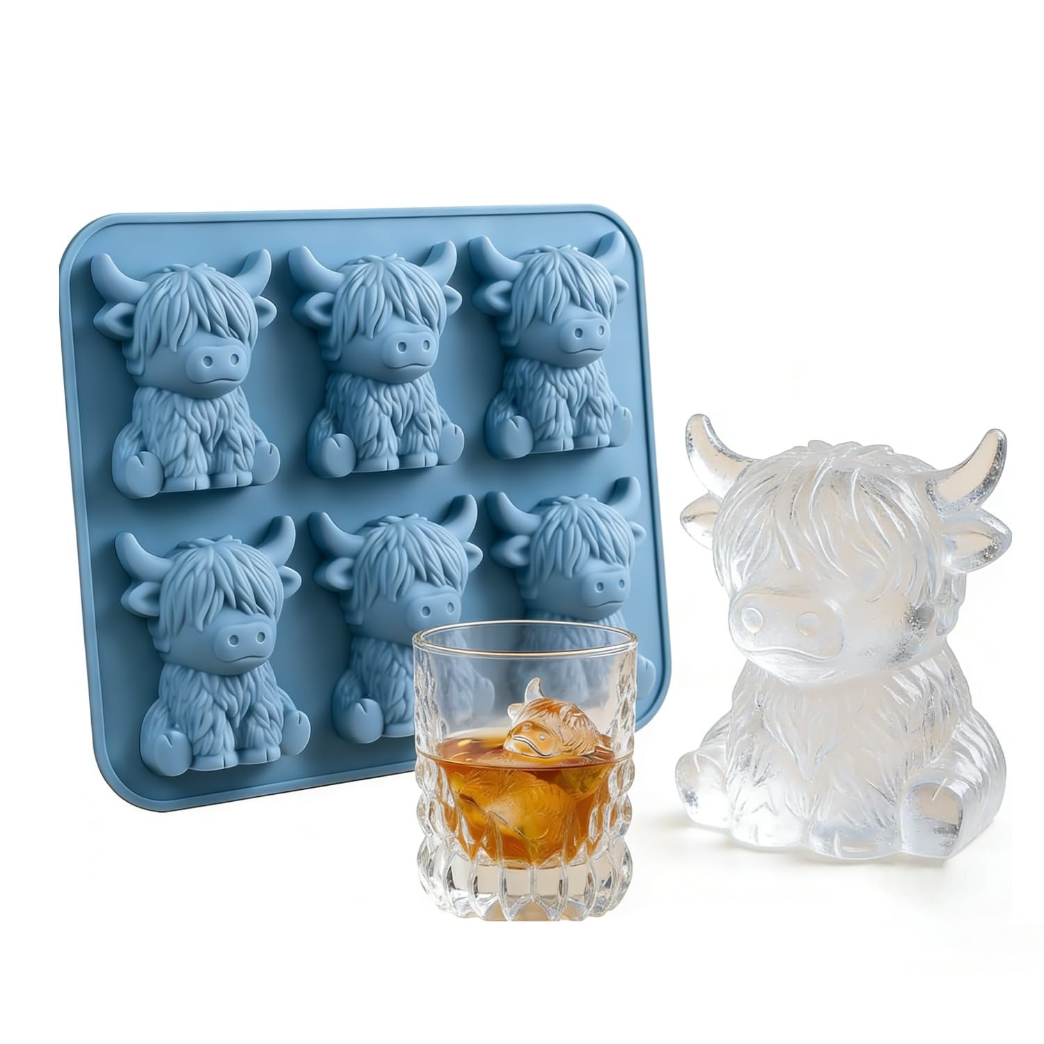 Highland Cow Ice Cube Tray, 6 Cavities Silicone Ice Cube Tray 3D Cute Highland Cow Ice Cube Mold for Whiskey & Cocktail Beverage Highland Cows Ice Cube Mould for Chocolate Candy Homemade Treats